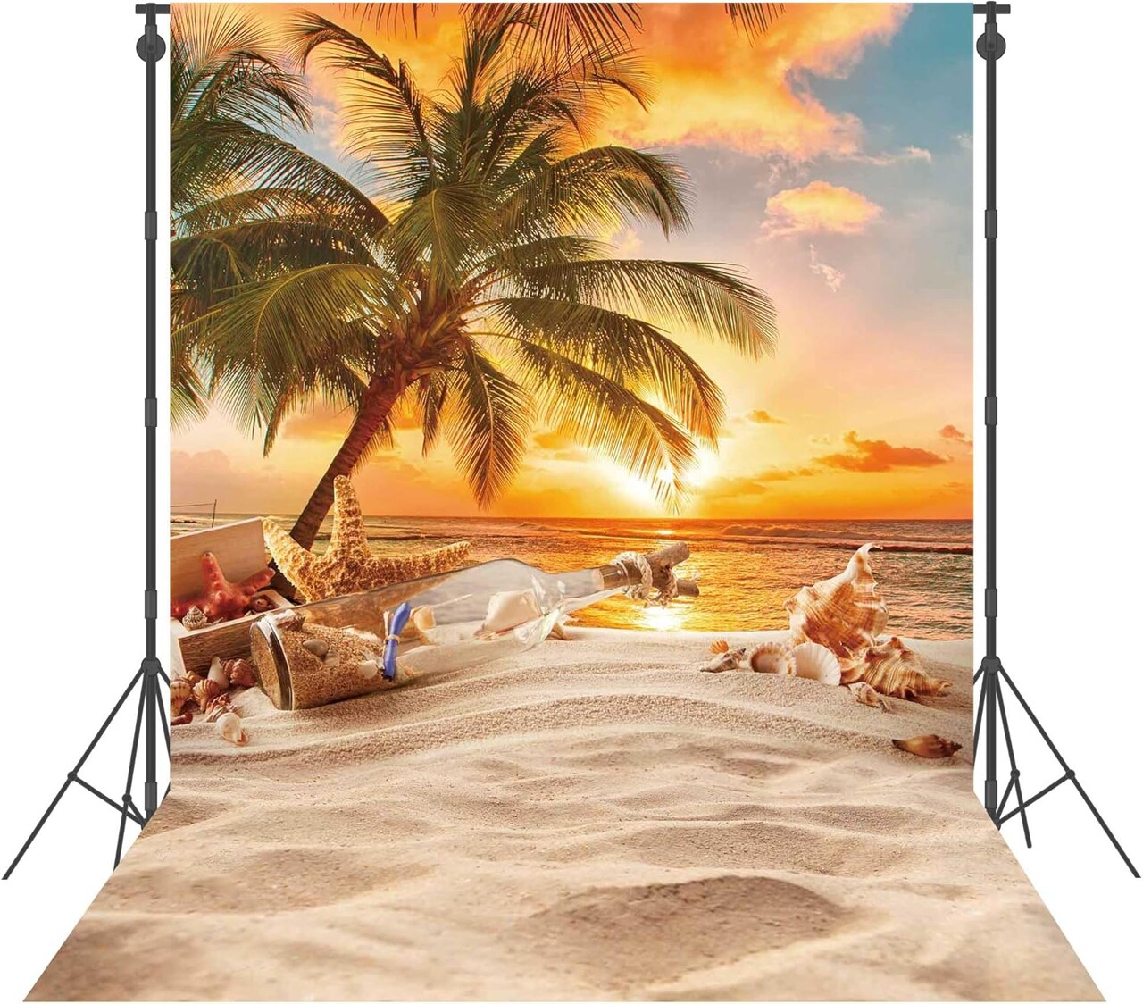 5X7ft Polyester Summer Beach Seaside Sunset Backdrop Tropical Hawaiian Ocean Palm Tree Photography Background for Aloha Luau Party Decoration Supplies Banner Photo Booth Props
